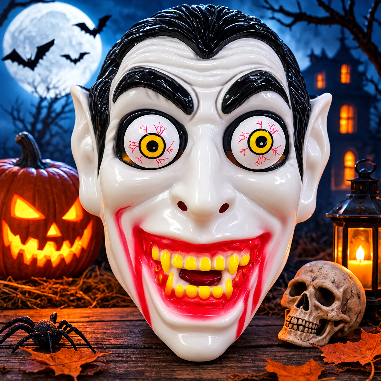 Glossy Vampire Mask in a Haunted Graveyard
