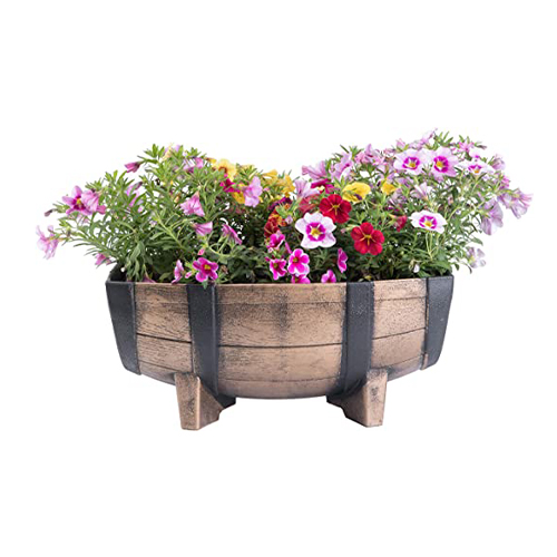 Wood- Look Plastic Half Barrel Flower Pot