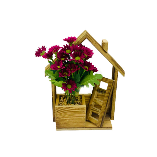 Artificial Flowers in Wooden House Shape