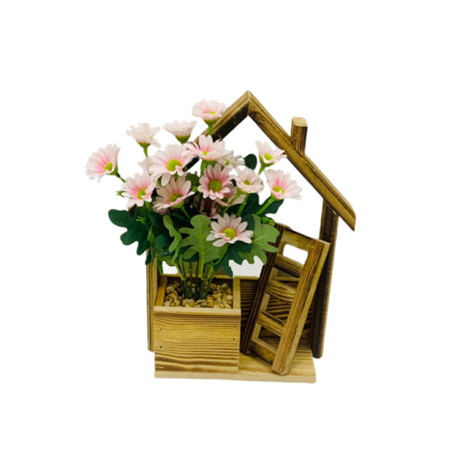 Artificial Flowers in Wooden House Shape