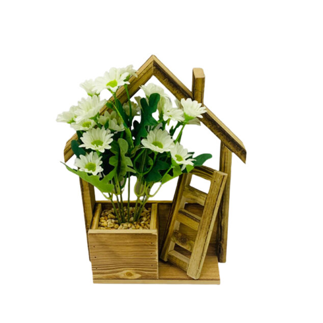 Artificial Flowers in Wooden House Shape