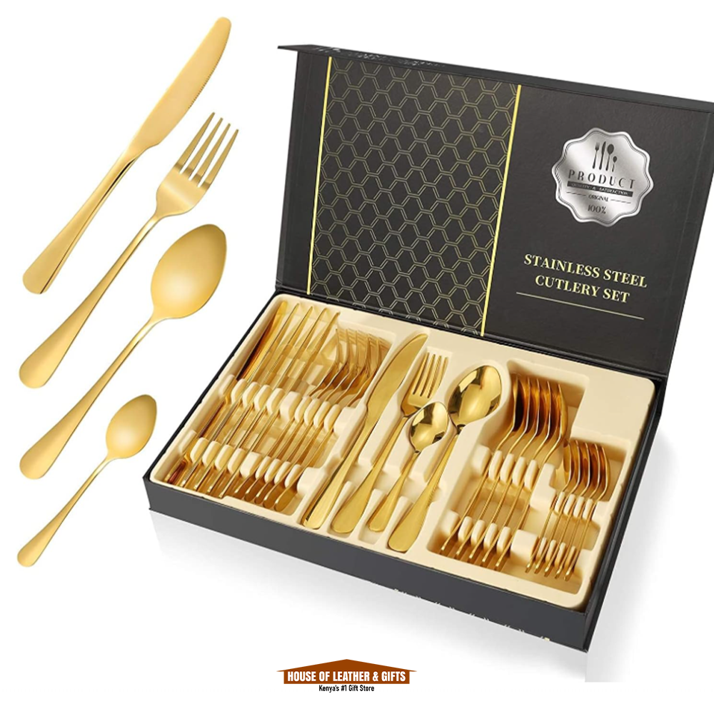 Gold Cutlery Set Silverware Gift Set, 24-Piece Stainless Steel Gold Flatware Set, Kitchen Utensils Knife Fork Spoon Flatware Set with Present Box, Tableware Mirror Finish, Smooth Edge, Service for 6