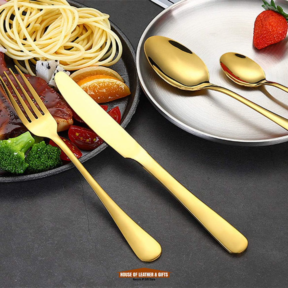 Gold Cutlery Set Silverware Gift Set, 24-Piece Stainless Steel Gold Flatware Set, Kitchen Utensils Knife Fork Spoon Flatware Set with Present Box, Tableware Mirror Finish, Smooth Edge, Service for 6