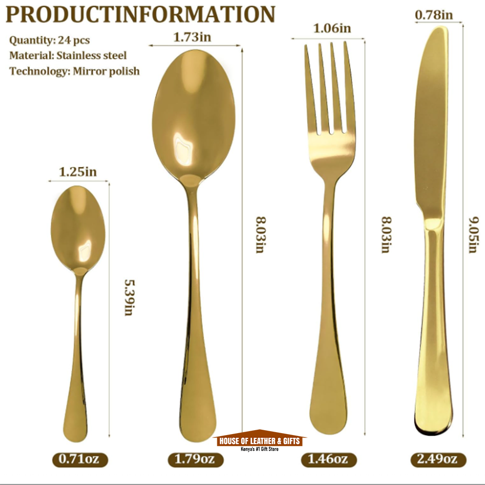 Gold Cutlery Set Silverware Gift Set, 24-Piece Stainless Steel Gold Flatware Set, Kitchen Utensils Knife Fork Spoon Flatware Set with Present Box, Tableware Mirror Finish, Smooth Edge, Service for 6