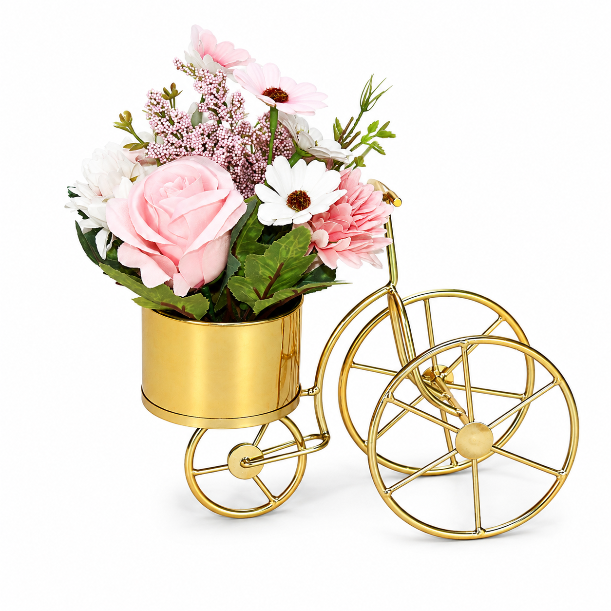 Gold Tricycle Planter with Flowers