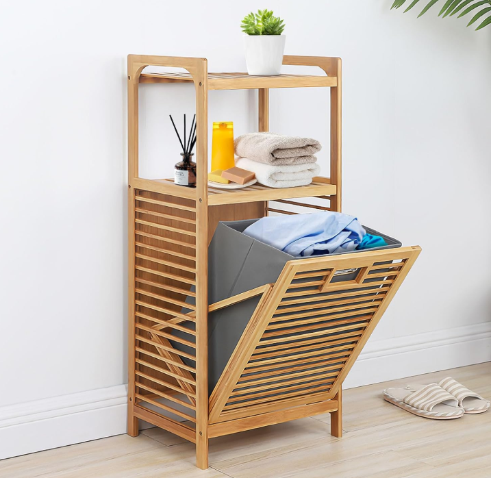 Bamboo Laundry Organizer with Tilt-Out Hamper